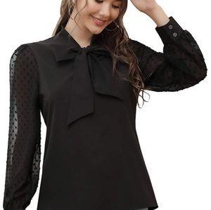 Kasin Womens Bow Tie Long Sleeve Blouse Swiss Dot Shirts Office Tops black large